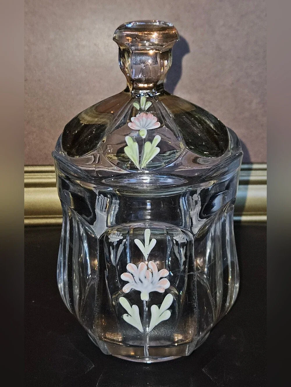 Vintage Clear Glass Lidded Jar with Hand-Painted Pink Floral Accents